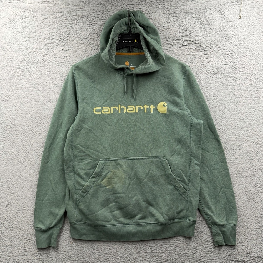 Carhartt Mens Hoodie Sweatshirt Medium Relaxed Fit Spellout Pullover Olive Green